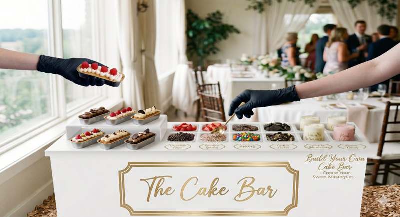 The Cake Bar — beautifully styled build-your-own cake bar at a wedding reception