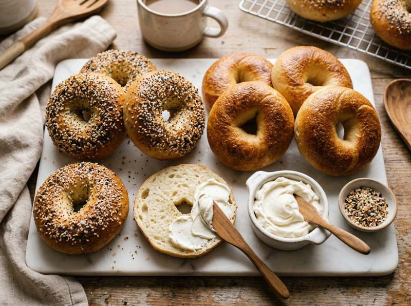 Freshly baked everything and plain bagels with cream cheese