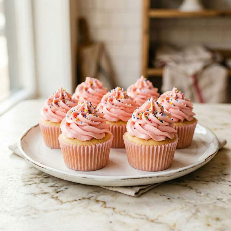 Cupcakes topped with swirled pink buttercream frosting and sprinkles