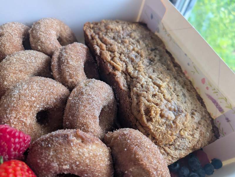 Cinnamon-sugar dusted donuts fresh from Kelsey's kitchen
